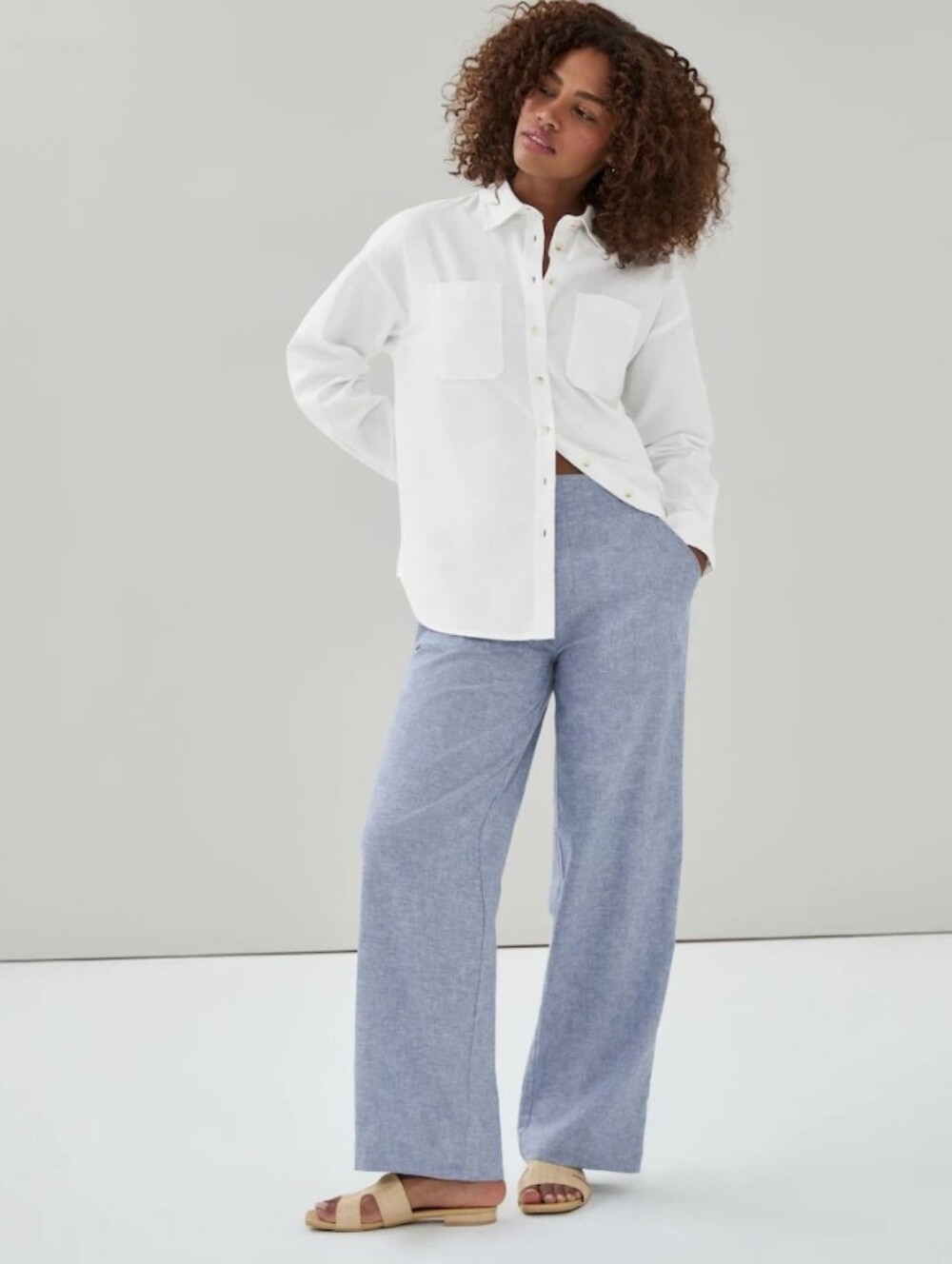 JOE FRESH Pull On Cotton Linen Wide Leg Pant - Mix Blue - M
